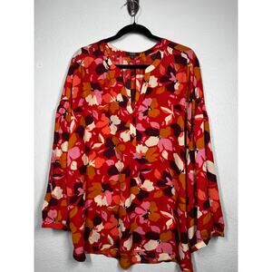 NYDJ Plus Paulina Popover Blouse Red Pink Sz 2X Floral Puff Sleeve